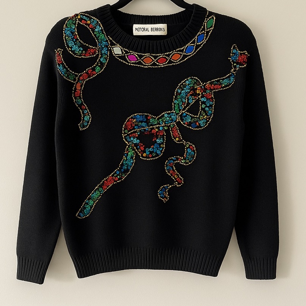 Victoria Harbour Vintage Black Sweater Small Jewel Sequin Bow Embellished
